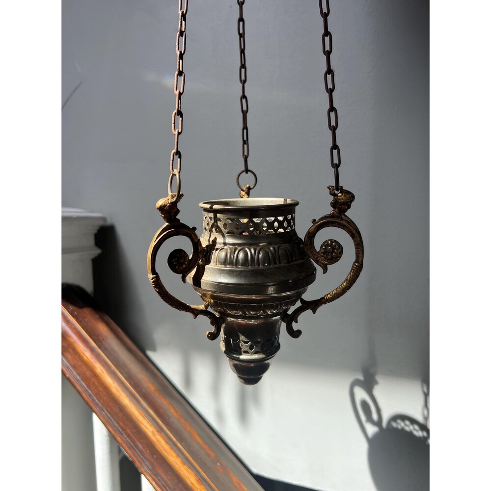 Vintage Hanging Lantern: Silver Metal with Gold-colored Ornate Handles - Lampada
